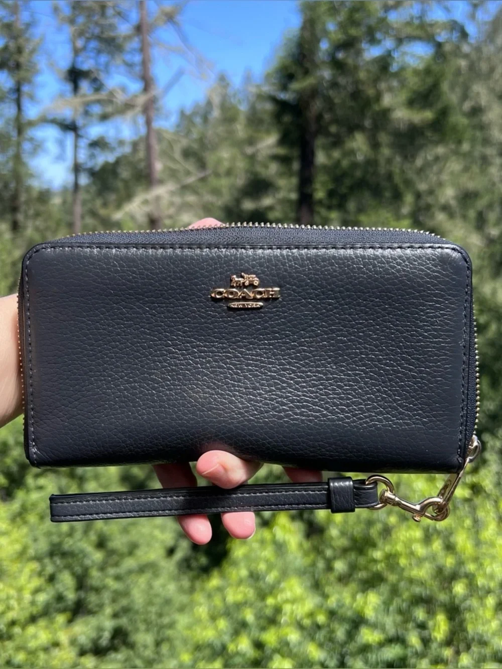 COACH Long Zip-Around Wallet Navy Pebble Leather w Gold Hardware AUTHENTIC